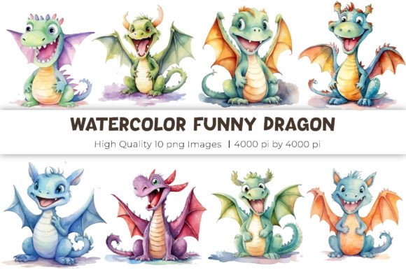 Funny Dragon Clipart Watercolor Illustrations