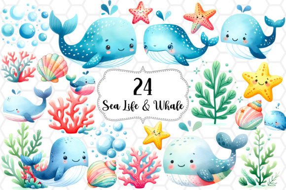 Nautical Whale Watercolor Clipart Bundle Illustrations