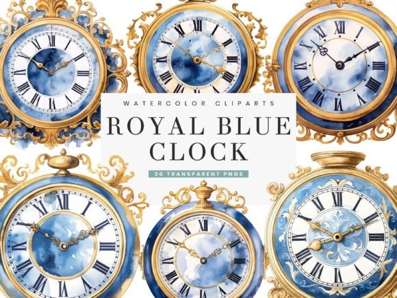 Royal Blue Clock Watercolor Clipart for Illustrations