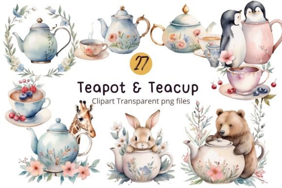 Teapot Teacup Watercolor Clipart Bundle Illustrations