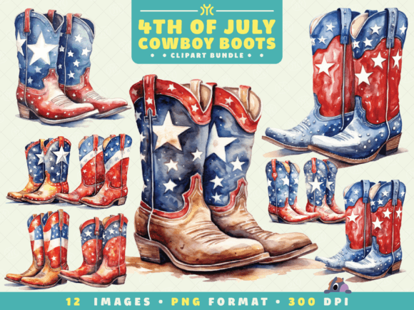 Watercolor 4th of July Cowboy Boots PNG Illustrations