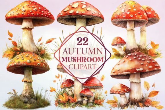 Watercolor Autumn Mushroom Clipart for Illustrations