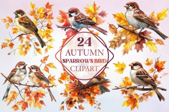 Watercolor Autumn Sparrows Bird Clipart Illustrations