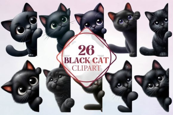 Watercolor Black Cat Peeking Clipart Illustrations