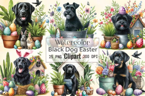Watercolor Black Dog Easter Clipart for Illustrations