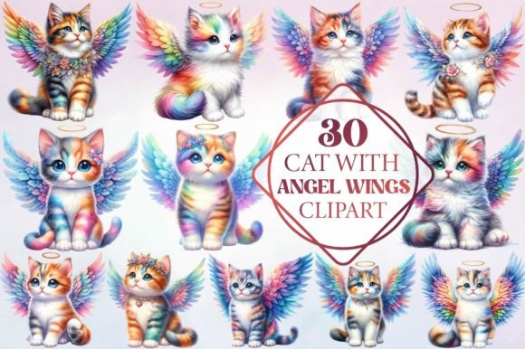 Watercolor Cat with Angel Wings Clipart Illustrations