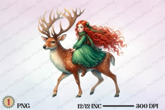 Watercolor Girl Riding Reindeer PNG Illustrations Review