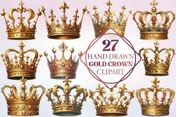 Watercolor Gold Crown Illustrations for Crafters