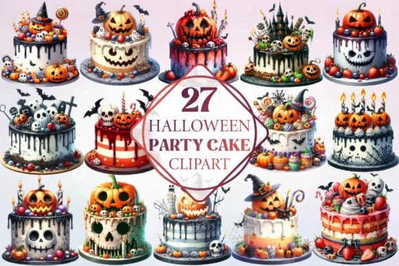 Watercolor Halloween Cake Illustrations for Digital Products