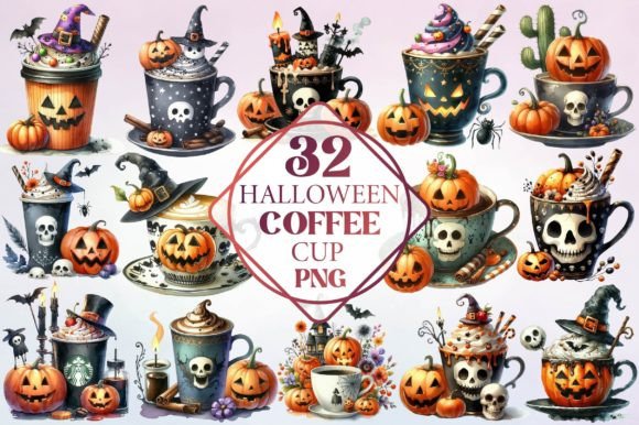 Watercolor Halloween Coffee Cup Illustrations