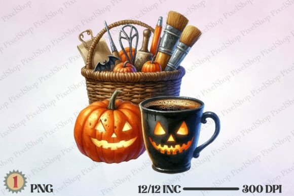 Watercolor Halloween Coffee Cup PNG Illustrations