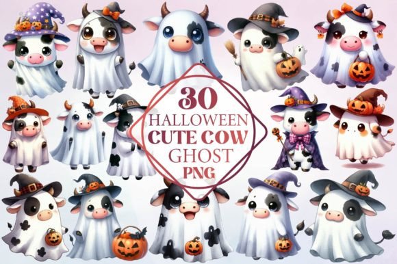 Watercolor Halloween Cute Cow Ghost Illustrations Review