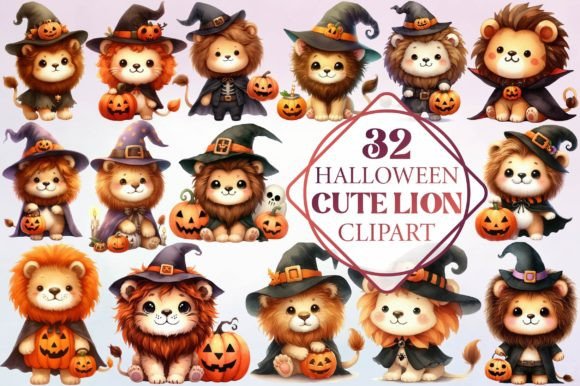 Watercolor Halloween Cute Lion Illustrations for Sellers