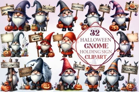Watercolor Halloween Gnome Holding Sign Illustrations