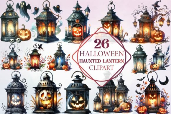 Watercolor Halloween Haunted Lantern Illustrations