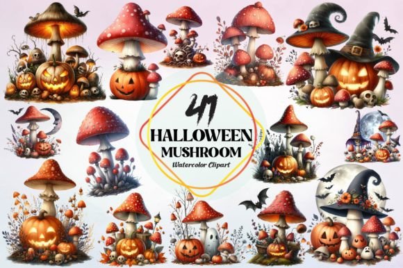Watercolor Halloween Mushroom Clipart Illustrations