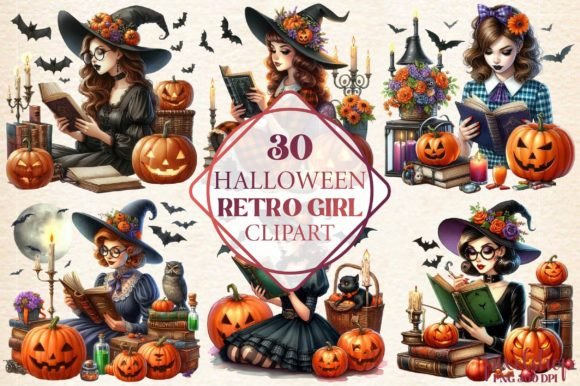 Watercolor Halloween Retro Girl Illustrations