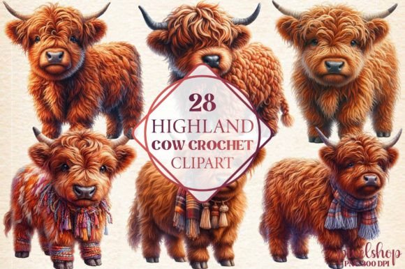 Watercolor Highland Cow Crochet Clipart Illustrations