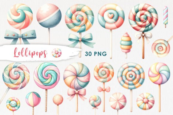 Watercolor Lollipop Clipart Bundle PNG Illustrations