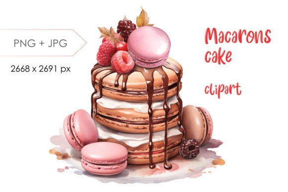 Watercolor Macarons Chocolates Cake PNG Illustrations