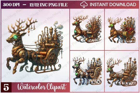 Watercolor Mechanical Sleigh Clipart Illustrations