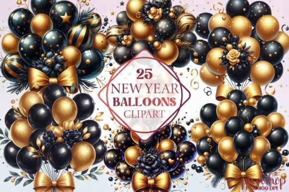 Watercolor New Year Balloons Clipart Illustrations