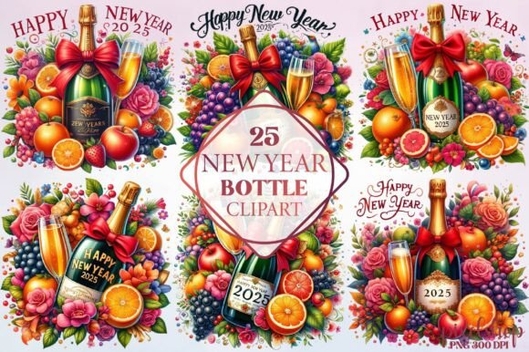 Watercolor New Year Bottle Clipart: Editorial Illustrations