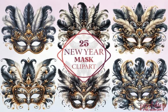 Watercolor New Year Mask Clipart: Festive Illustrations