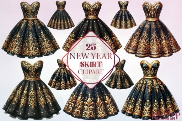 Watercolor New Year Skirt Clipart Illustrations