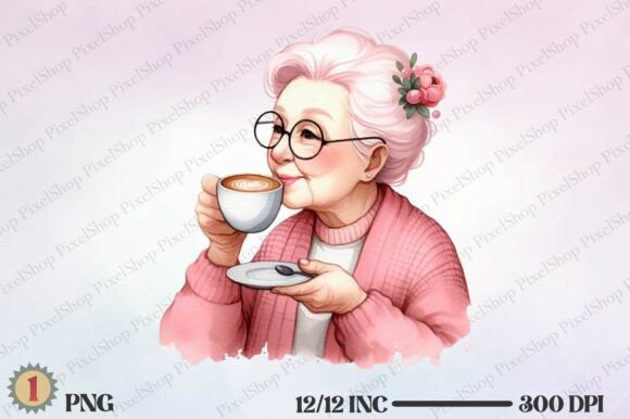 Watercolor Senior Lady Drinking Coffee Illustrations