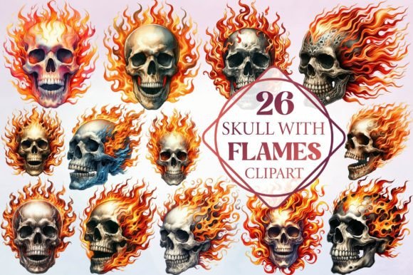 Watercolor Skull with Flames Clipart Illustrations