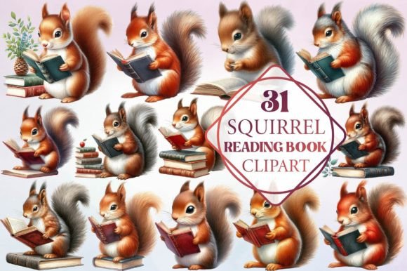 Watercolor Squirrel Reading Book Clipart Illustrations