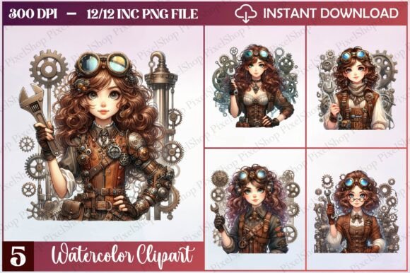 Watercolor Steampunk Woman Clipart in Illustrations