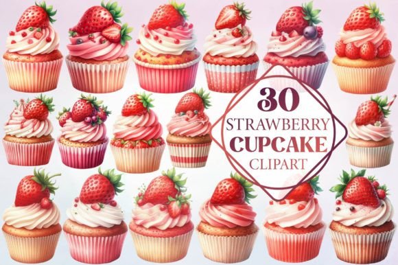 Watercolor Strawberry Cupcake Clipart Illustrations
