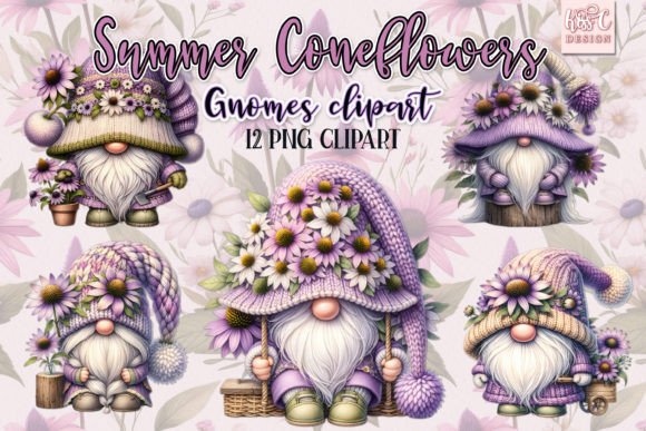 Watercolor Summer Coneflowers Gnomes PNG Illustrations