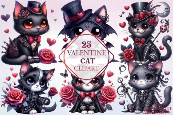 Watercolor Valentine Cat Clipart for Brand Illustrations