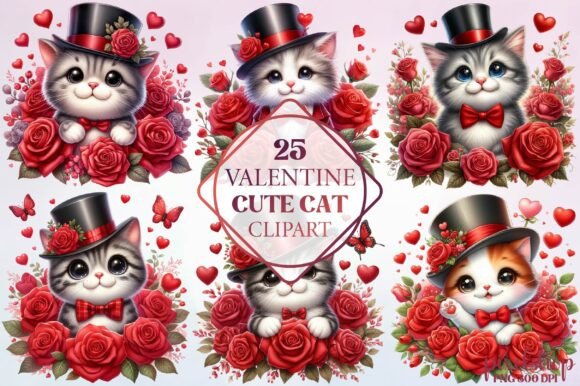 Watercolor Valentine Cute Cat Clipart Illustrations