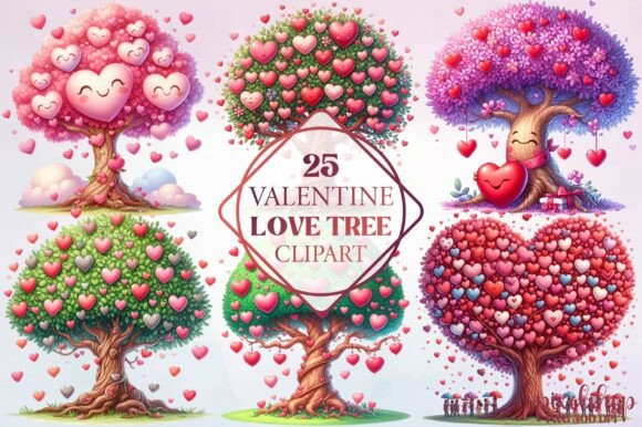 Watercolor Valentine Love Tree Illustrations