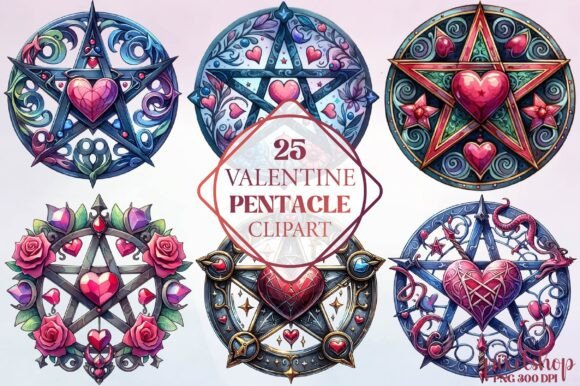 Watercolor Valentine Pentacle Clipart Illustrations