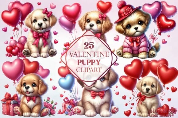 Watercolor Valentine Puppy Clipart: Editorial Illustrations