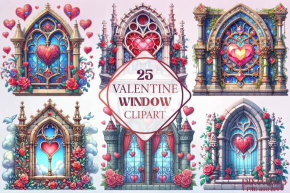 Watercolor Valentine Window Clipart: Illustrations for Sales